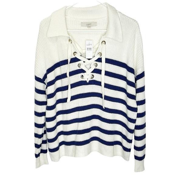 LOFT NWT Striped Lace Up Polo Sweater Women's Medium Blue‎ White Nautical Preppy - Picture 3 of 10